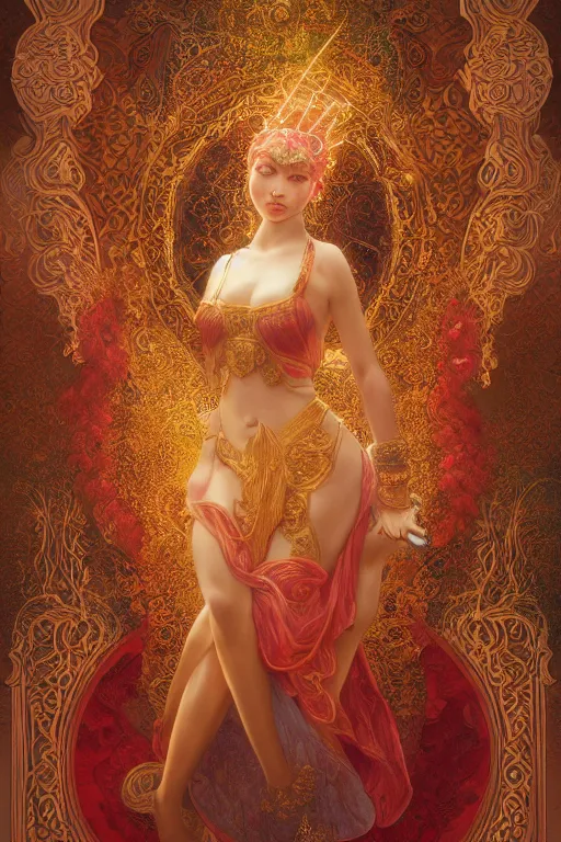 Image similar to tarot card artstation, portrait of an asian love dancer, sunrise, baroque ornamnet and rococo ornament, ancient chinese ornate, hyperdetailed, beautiful lighting, craig mullins, mucha, klimt, yoshitaka amano, red and gold and orange color palatte