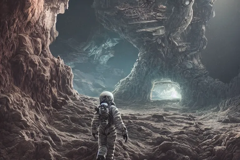 Image similar to distant low angel photograph of an astronaut exploring an abandoned alien planet with alien skeletons, alien skulls, fallen kingdom city ruins, science fiction, detailed space suit, cinematic, hypermaximalist, detailed, 4k, 8k, breathtaking stars, surrealism, distant, concept art, digital art, sharp focus, reflections, RTX, octane render, acid pixie, Trending on DeviantArt