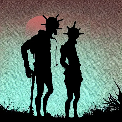 Prompt: in the style of max prentis and deathburger and laurie greasley a silhouette of two young explorers wearing cyberpunk headpieces watching the sunset in the distance from within a lush cave, highly detailed, 8k wallpaper