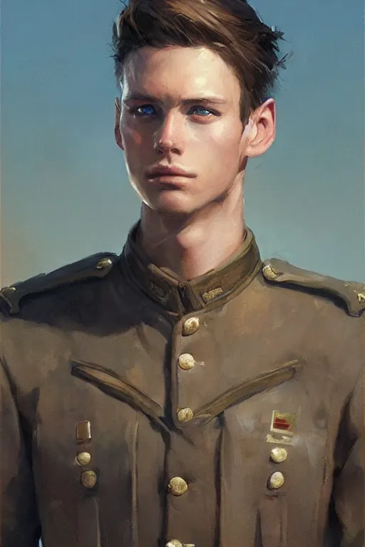 Image similar to Young man with brown hair and blue eyes, wearing a military uniform, by Greg Rutkowski, oil painting, trending on artstation