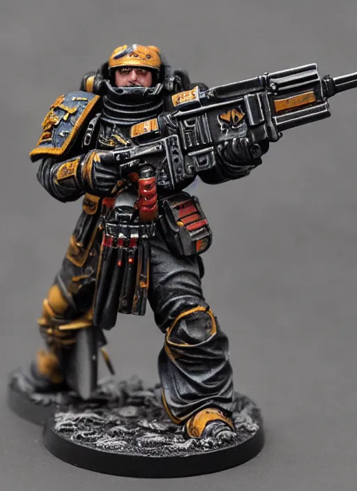 Image similar to 8 0 mm resin detailed miniature of a warhammer 4 0 k space marine with an incredible long sniper barrel, product introduction photos, 4 k, full body,