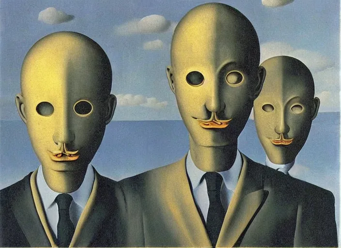 Prompt: endless masks, maddening forbidden knowledge, strange machine by rene magritte and salvadore dali