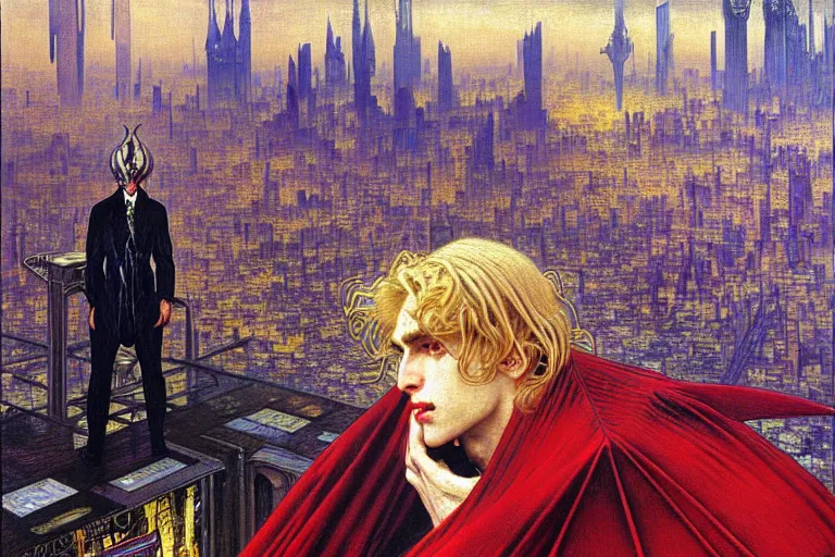 Image similar to realistic extremely detailed closeup portrait painting of an elegant blond male vampire in a cape, detailed crowded futuristic city street on background by Jean Delville, Amano, Yves Tanguy, Ilya Repin, Alphonse Mucha, William Holman Hunt, Ernst Haeckel, Edward Robert Hughes, Roger Dean, rich moody colours