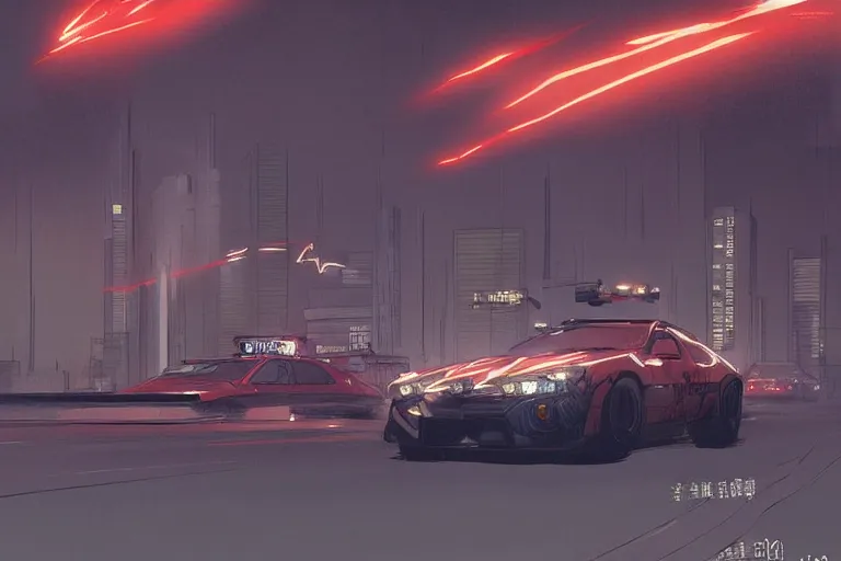 Prompt: akira cyberpunk bmw m 1 police car with lights flashing speeding down highway at high speed at night by greg rutkowski makoto shinkai takashi takeuchi studio ghibli, akihiko yoshida