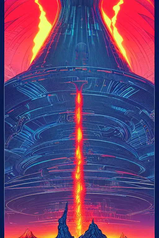 Image similar to artwork by kilian eng and toshi yoshida and franklin booth showing a futuristic powerstation!! in front of a ( ( exploding volcano ) ), in the style of tron, vintage scifi, high details, dramatic lightning,, 8 k