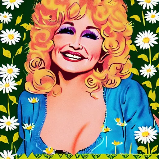 Image similar to young Dolly Parton surrounded by daisies, 70s poster design, retro, groovy, hippie