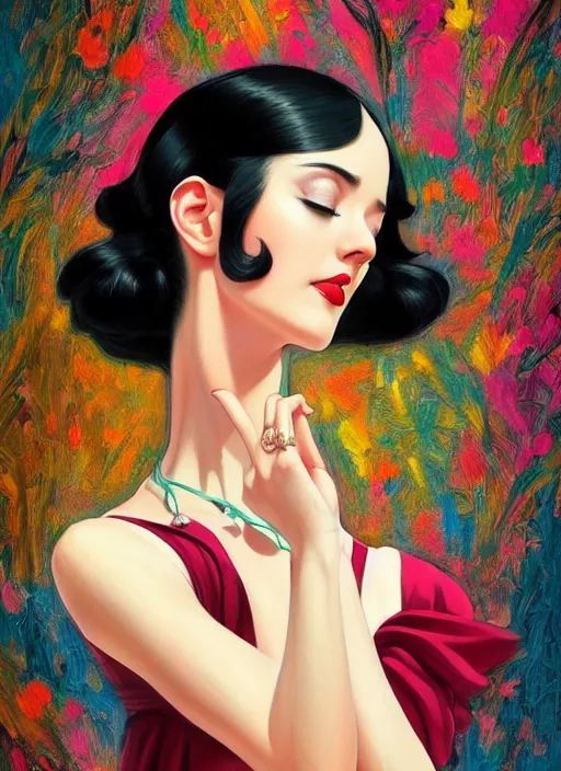 Image similar to a beautiful dancer with black hair in 1930's fashion, living room background, intricate, highly detailed, digital painting, artstation, official media, anime key visual, concept art, rich vivid colors, ambient lighting, sharp focus, illustration, art by Artgerm, Makoto Shinkai, Ilya Kuvshinov, Lois Van Baarle, and Rossdraws