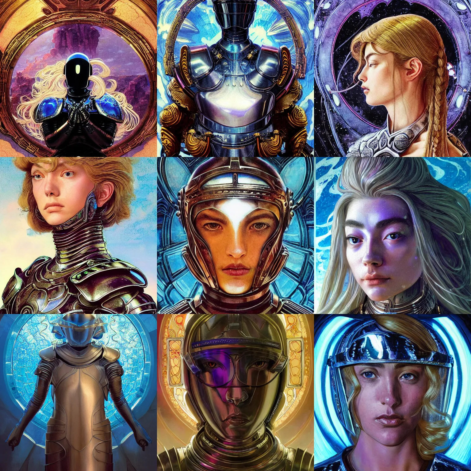Prompt: cinematic masterpiece head-on symmetrical centered portrait, Imogen Poots as a paladin, blonde hair, glorious, wearing full metal armour, glowing stained glass backdrop, elegant, in the style of by Wayne Barlowe and Sandro Botticelli and Paul Lehr and Bruce Pennington and Ruan Jia and Artgerm and Edgar Maxence and Ross Tran and Alphonse Mucha and Ayami Kojima and Charlie Bowater and Greg Rutkowski and Karol Bak and Jean Delville, Art Nouveau, Pre-Raphaelite, Neo-Gothic, gothic, Art Nouveau, rich deep moody colors, trending on artstation, featured on pixiv, cinematic composition, beautiful lighting, sharp, details, details, hyper-detailed