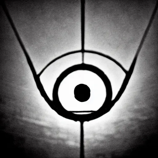 Prompt: an all - seeing eye floating in the sky over a city, high contrast, low key, black and white, newspaper, film grain
