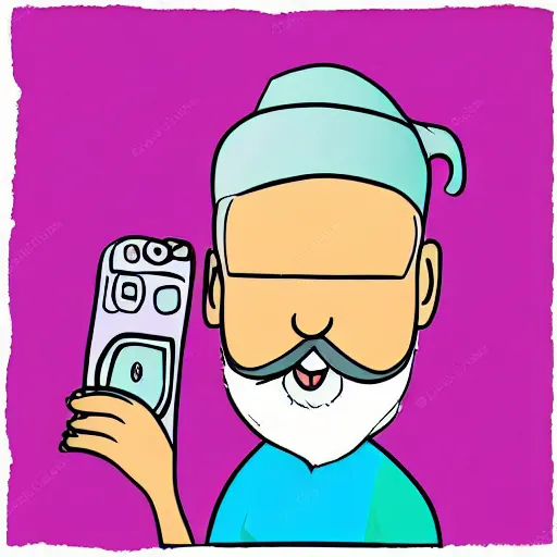 Image similar to cute cartoon character, beard grandpa taking a photo to a baby girl