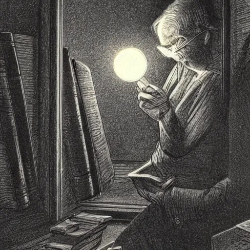 Image similar to a professor looking at stuff, higly detailed, dimm light, night, award - winning illustration, mystic