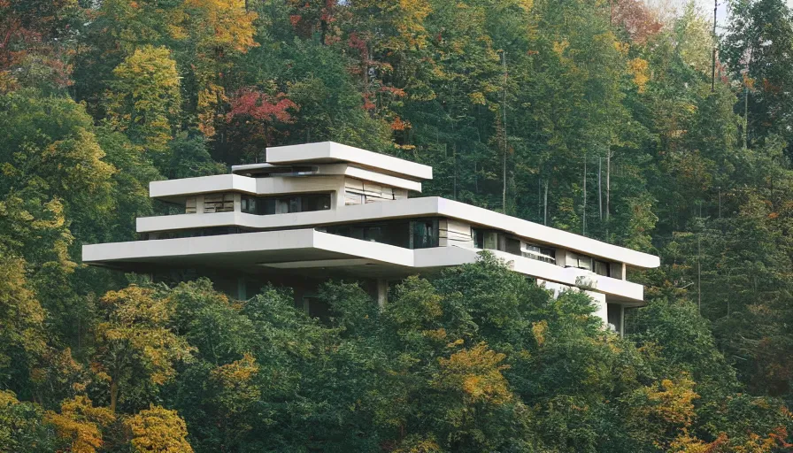 Prompt: modern house on a green hill between trees, frank lloyd wright, simon stalenhag