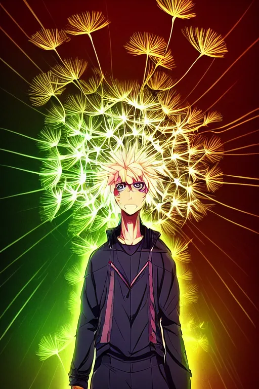 Image similar to glowing luminescent dandelion male anime character, symmetrical, highly detailed, digital art, sharp focus, trending on art station, amber eyes, autumnal colours