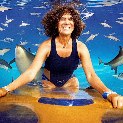 Image similar to an athletic woman in her fifties with curly brown hair, swimming smiling in the middle of a rough sea surrounded by sharks. above her, in the sky, a star.