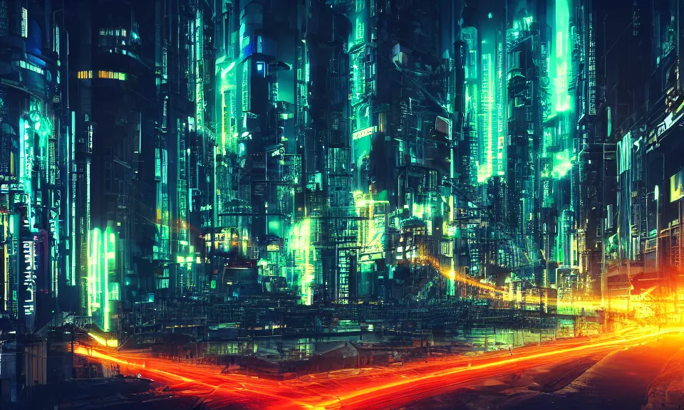 Prompt: photo of a cyberpunk city at night, long exposure photograph, light streaks, lens flare, 4k, grainy