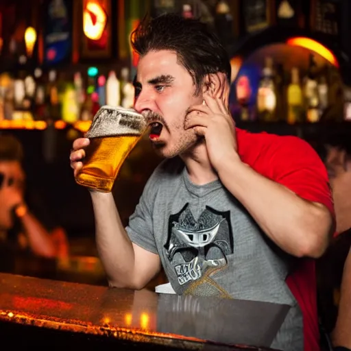 Prompt: Mario drunk and drinking beer in a bar at night, photography