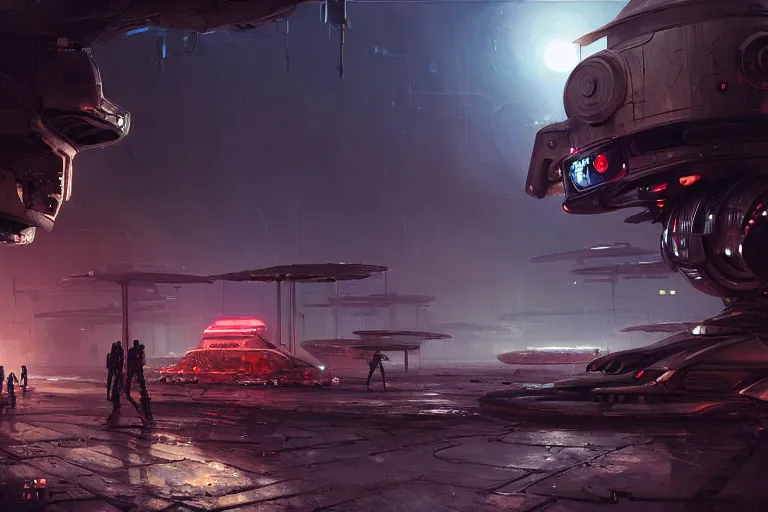 Image similar to ultra realistic illustration, an outdoor sci - fi outpost in a hot desert storm at night, mechanical droids working on a battered old spaceship, cyberpunk, sci - fi, fantasy, intricate, elegant, highly detailed, digital painting, artstation, concept art, smooth, sharp focus, illustration, dramatic lighting, art by wadim kashin