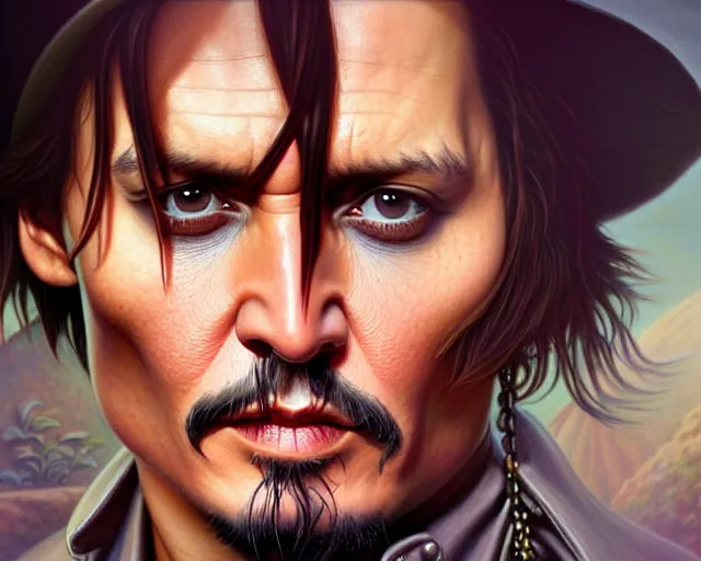 Prompt: digital art of johnny depp, deep focus, d & d, fantasy, intricate, elegant, highly detailed, digital painting, artstation, concept art, matte, sharp focus, illustration, hearthstone, art by artgerm and greg rutkowski and alphonse mucha