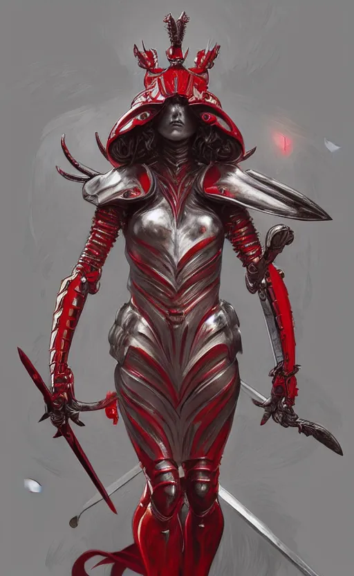 Image similar to Gothic crustacean warrior queen in red and white chitin armor, fantasy, highly detailed, digital painting, artstation, concept art, smooth, sharp focus, illustration, art by artgerm and greg rutkowski and alphonse mucha