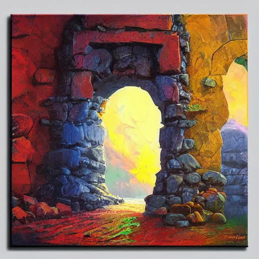 Image similar to colorful andreas rocha impasto!! acrylic painting of the gateway of a forgotten civilization