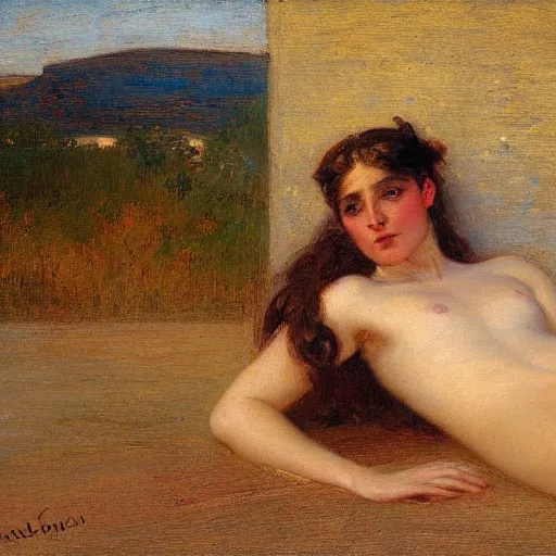 Image similar to a young person, half male and half female, gaston bussiere, reclining