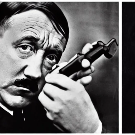 Image similar to photo of adolf hitler pointing a gun to his head while crying in the style of martin schoeller