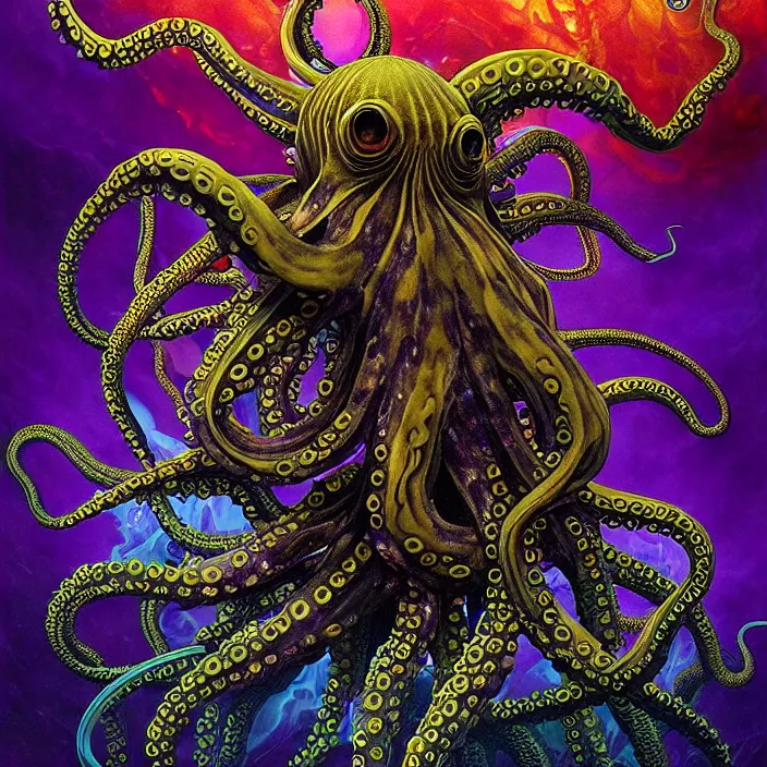 Image similar to depicting an octopus, a submarine with tentacles wrapped around it, in the style of h. p. lovecraft, exuberant organic elegant forms, by karol bak and filip hodas : : 1. 4 purple, red, blue, green, black intricate mandala explosions : : intuit art : : turbulent water backdrop : : damask wallpaper : : atmospheric