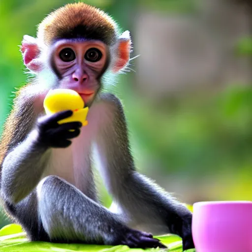 Prompt: baby monkey drinking lemonade, 4k, 8k, realistic, cute,