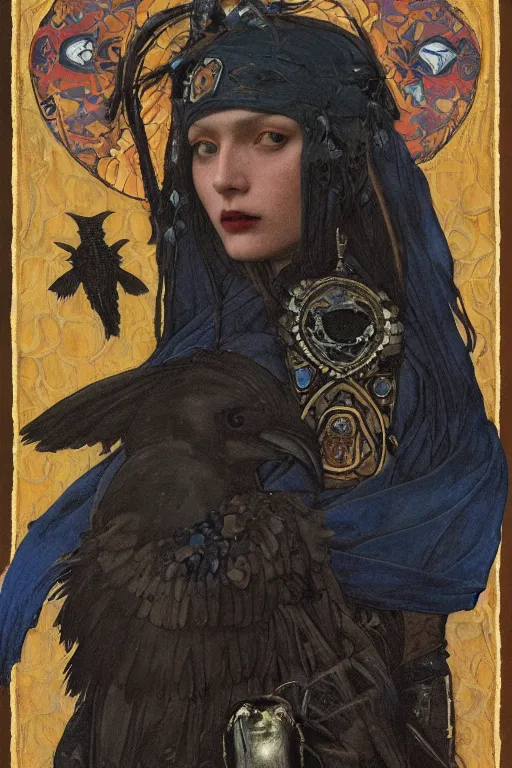 Image similar to a goth shaman with the head of a raven, by Annie Swynnerton and Nicholas Roerich and John Bauer and John William Godward and Donato Giancola and Vermeer, black leather and embroidered velvet, iridescent beetles, rich color, dramatic cinematic lighting, featured on Artstation, extremely detailed