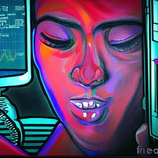 Prompt: a person feeling a lot of pain looking at a computer screen, highly detailed painting, 8 k, vibrant colors