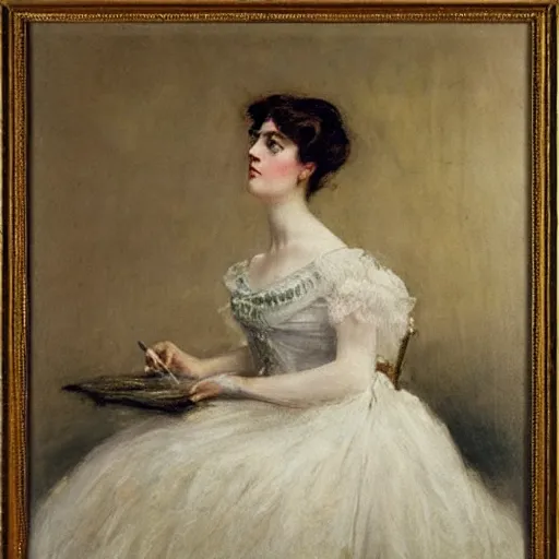 Image similar to young victorian lady in ball gown, absent - minded chewing on the end of a pencil, painted by alfred stevens