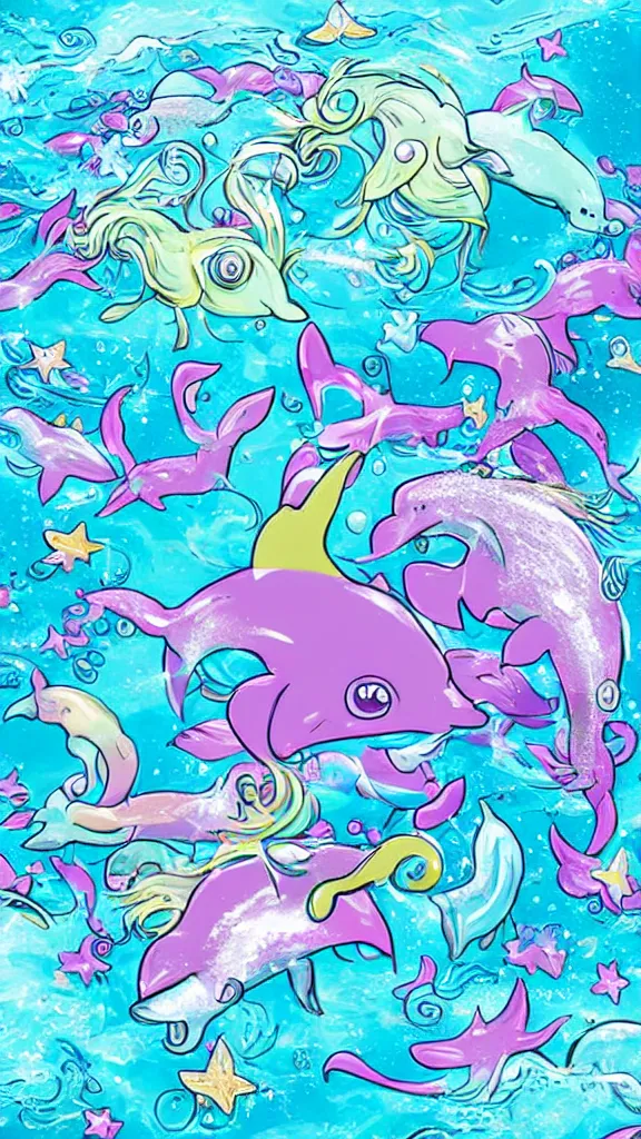 Image similar to y 2 k dolphins, trolls and sparkles, seapunk