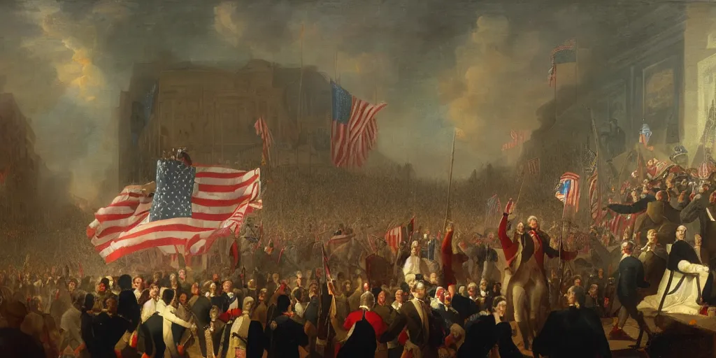 Prompt: a medium shot of george washington giving a speech in times square with bilboards in the backround and a large crowd carrying american flags and carrying torches by gerard seghers, the denial of st. peter
