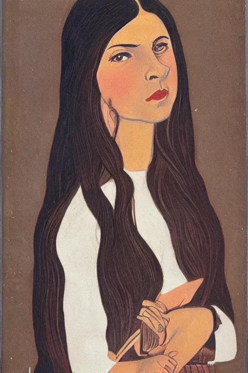 Image similar to young woman with long dark hair, serious look, peasant dress, soviet propaganda art
