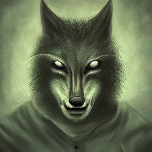 Prompt: Head wolf character, artwork by Antón Semenov