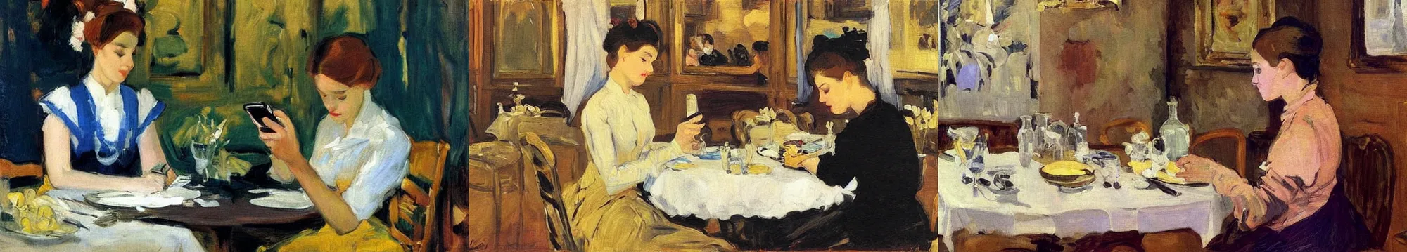 Prompt: a young beautiful lady is sitting at the table using her iphone, in style of Valentin Serov
