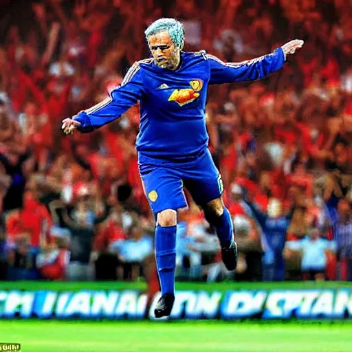 Image similar to jose mourinho flying like superman throwing lasers, award winning photograph