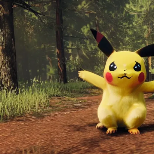 Prompt: Pikachu as wildlife in a forest in Red Dead Redemption 2