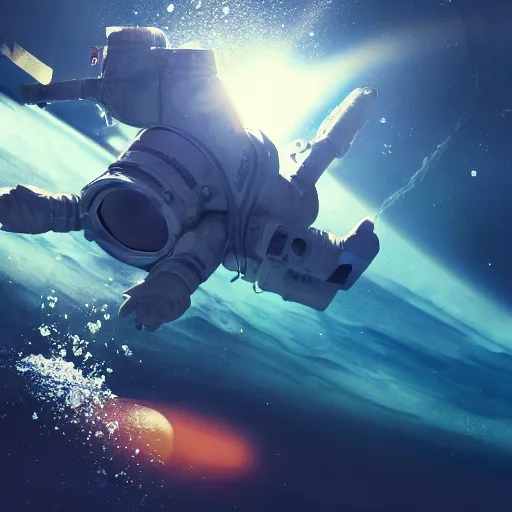 Image similar to an astronaut floating in the middle of deep underwater being hit by sun rays, trending on art station, atmosphere, concept art, photorealistic, high detailed