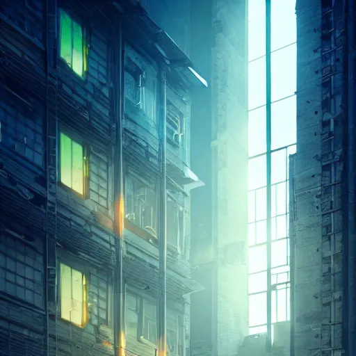 Image similar to One dilapidated building with only one window glowing. ArtStation, Cyberpunk, Vertical Symmetry, 8K, Highly Detailed, Intricate, Album Art.