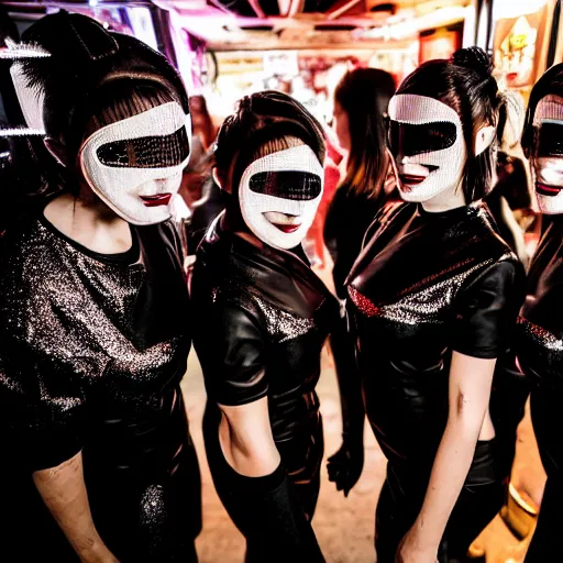 Prompt: photograph of a provocative retro techwear female group near the bar of a packed busy rundown nightclub, lots of people, variety of sharp sparkly creepy masks, retrofuturism, brutalism, cyberpunk, sigma 85mm f/1.4, 15mm, 35mm, tilted frame, long exposure, 4k, high resolution, 4k, 8k, hd, wide angle lens, highly detailed, full color, harsh light and shadow