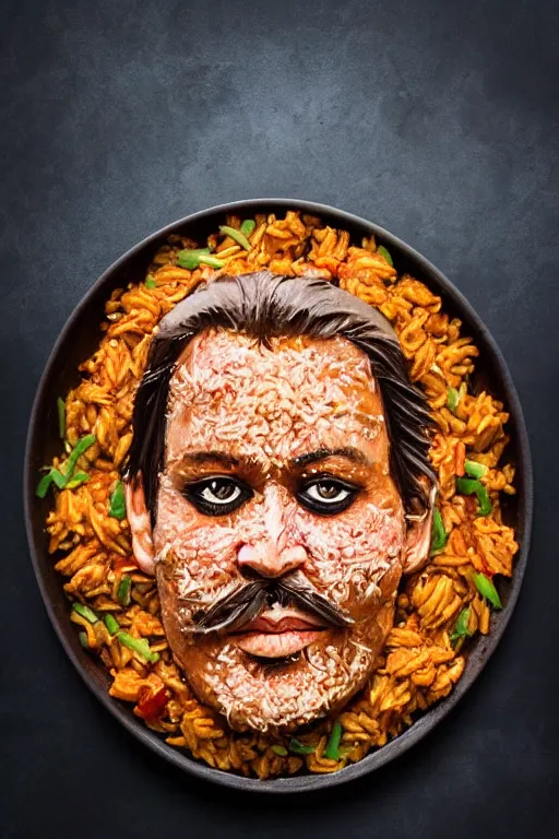 Prompt: johnny depp made out of jambalaya, a human face made out of a bowl of jambalaya, professional food photography