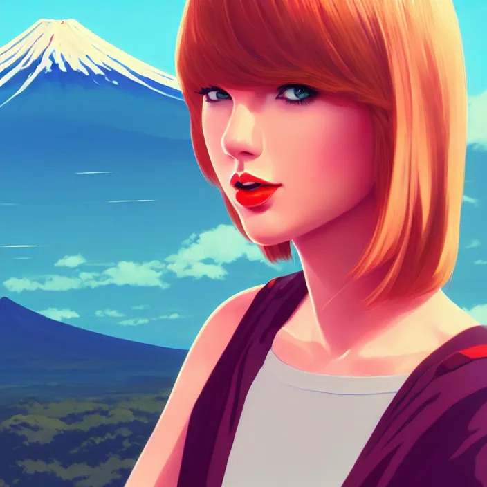 Image similar to portrait of taylor swift, mount fuji background, rich vivid colors, ambient lighting, dynamic lighting, 4 k, hq, official media, anime key visual, makoto shinkai, ilya kuvshinov, lois van baarle, rossdraws, detailed, trending on artstation