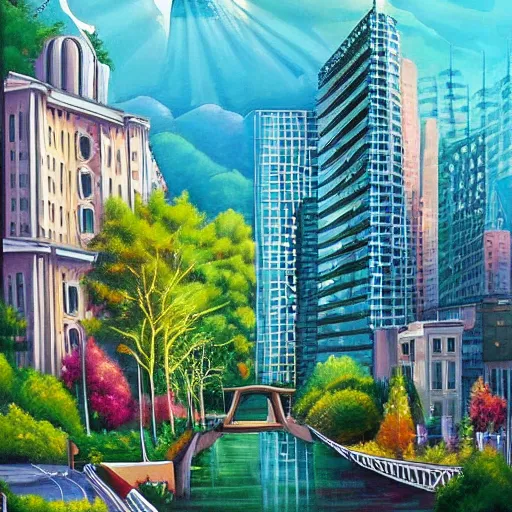Image similar to Beautiful city of the future in harmony with nature. Nice colour scheme, soft warm colour. Beautiful detailed painting by Lurid. (2022)