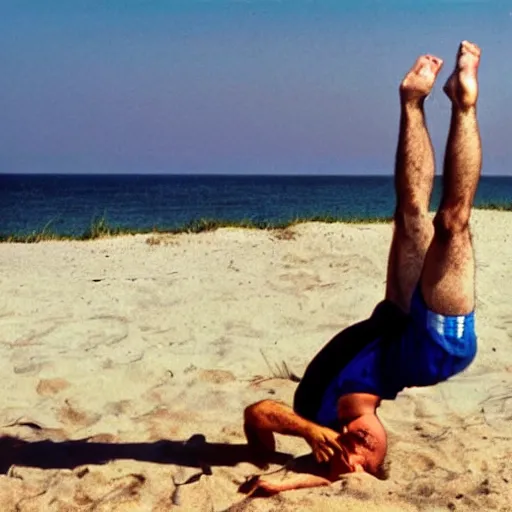 Image similar to benjamin netanyahu doing a headstand at the beach, rich colors, warm, summer