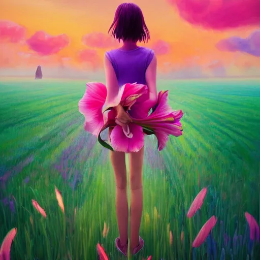 Image similar to giant gladiola flower as head, full body girl standing in a flower field, surreal photography, sunrise, dramatic light, impressionist painting, colorful clouds, digital painting, artstation, simon stalenhag