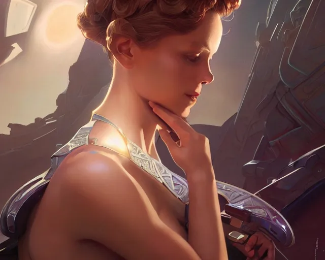 Image similar to scifi woman lange and horst p horst, deep focus, d & d, fantasy, intricate, elegant, highly detailed, digital painting, artstation, concept art, matte, sharp focus, illustration, hearthstone, soft volumetric lights, art by moebius and artgerm and greg rutkowski and alphonse mucha