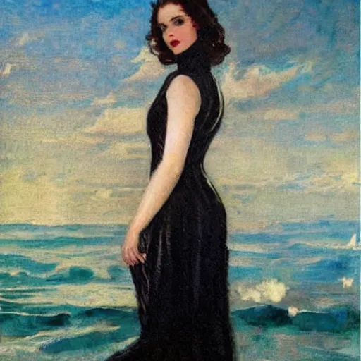 Prompt: woman in black dress, sea behind, pretty face, part dean cornwell style, part leyendecker style,