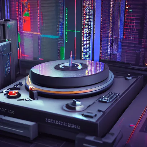 Prompt: a 3 d render of a cyberpunk turntable, realistic, octane render, unreal engine, 8 k