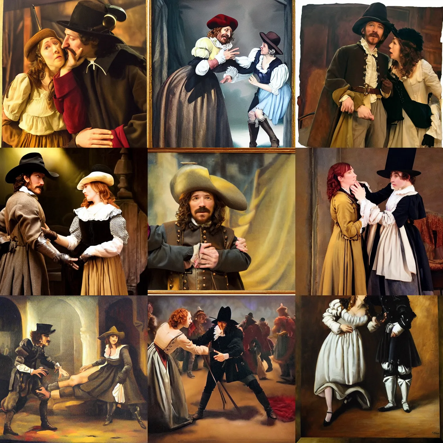 Prompt: Cyrano de Bergerac is desperately grabbing Roxanne (Haley Bennet)'s hand, dramatic, high contrast, theatrical, lumnious, cinematic lights, oil canvas by Csók István, Munkácsi and Hollósy Simon